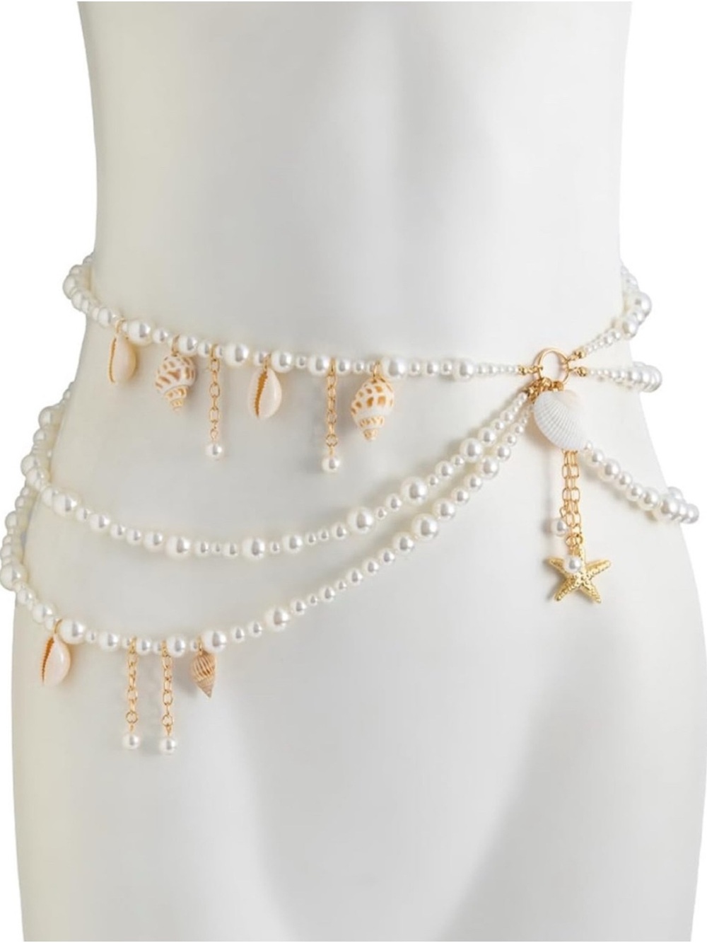 Pearl Shell Beach Waist Chain Belt – White & Gold - Picture 2 of 6